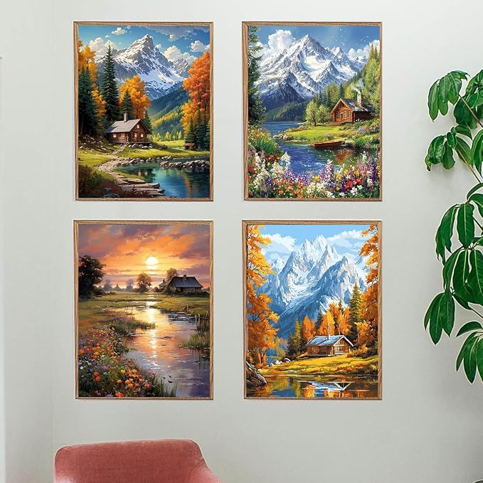 4 Pack Paint by Numbers Kit for Adults, Landscape Paint by Numbers Kits | Mountain Cabin Paint by Numbers for Adults, DIY Easy Painting by Numbers for Adults Beginners Wall Art Decor Gifts 12x16 Inch