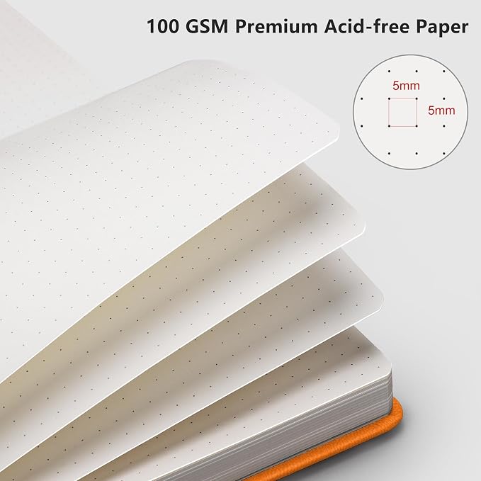 RETTACY Dotted Journal Notebook, 192 Pages, A5 Medium Size (5.7'' x 8.3'') | Leather Hardcover, 100 GSM Thick Paper, for Journaling, Planning, Tracking (Orange)