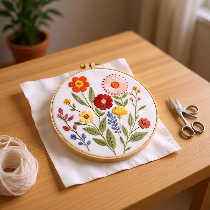 Zhenqing 4-Piece Floral Embroidery Kit for Beginners - Complete Set with Sunflower, Daisy Designs & Pre-Printed 29x29cm Cotton Fabric, Hoop, Threads & Tools(C0166)