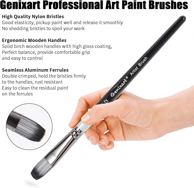 Genixart Filbert Paint Brush Set - Art Paintbrushes Acrylic Oil Watercolor