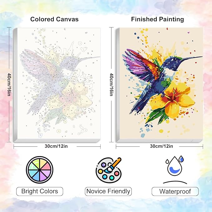 Yezavesu Hummingbird Framed Paint by Numbers Kit for Adults Beginner | With Frame Canvas 12x16 Inch, DIY Acrylic Painting by Numbers Hummingbird, Stress Relief Craft Kits, Home Wall Decor Gift