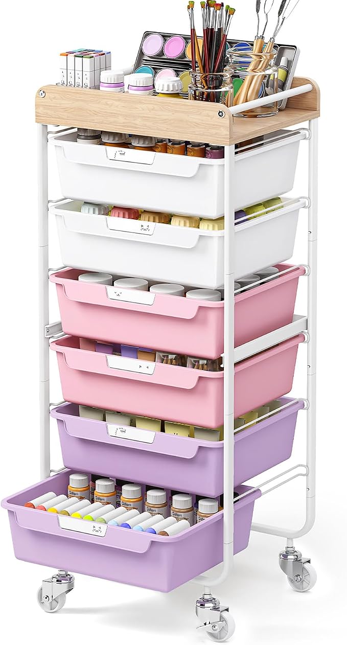 SYKIARIOL Utility Cart with 6 Labeling Drawers and Wooden Tabletop | Rolling Storage Cart for Crafters, Artists, Kids, Teachers, and Students – Organize Arts, Crafts, Sewing & Study Supplies