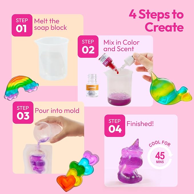 Klever Kits Unicorn Soap Making Kit- 4 Molds Girl Crafts DIY Project, Unicorn Girl Gifts, Kids Birthday Gift for Aged 6+, Science STEM Activity Teenage Gifts for Kids Ages 6 7 8 9 10 11 12