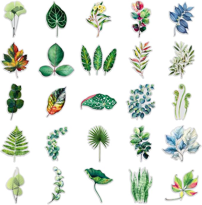 50Pcs Fresh Leaf Transparent Stickers Pack,Aesthetic Green Leaf Decor for Laptop Gifts for Kids Teens Adults Waterproof Vinyl PET Foliage Stickers for Scrapbook Bike Party (Colourful-F2)