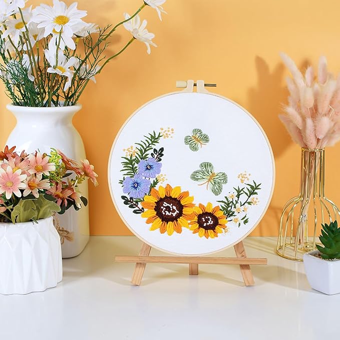 GLTAYLMY 3 Sets Embroidery Starter Kit with Pattern and Instructions, Cross Stitch Set, Stamped Embroidery Kits with 3 Embroidery Clothes with Pattern, 1 Embroidery Hoop(Sunflower)