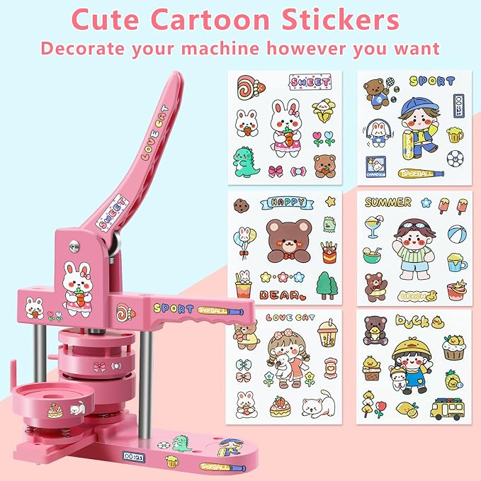 Happizza Button Maker Machine Multiple Sizes, Pin Maker Machine 1+2.25 inch, Badge Button Press Machine with Cute Stickers and 200 Sets Button Making Supplies&Circle Cutter for Girls Women(Pink)