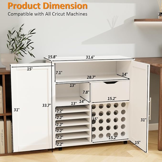 Craft Cart Cabinet Compatible with Cricut for Storage Organization, Rolling Craft Cabinet Table Stand Workstation with Vinyl Roll Holder with Wheels for Craft Room Organizer 31.6"W x 15.8"D x 33.7"H