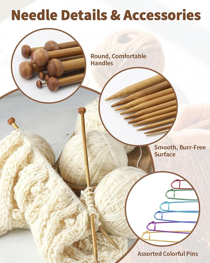 9 Pairs Bamboo Knitting Needles Set with 6 Stitch Holders, 2-10mm Single Point Wooden Knitting Needles, 10in Long for Scarves, Hats, Beginners, Complete Knitting Accessories Kit