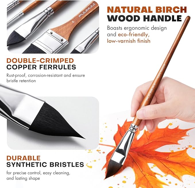Fuumuui Professional Watercolor Brushes - 10Pcs Synthetic Squirrel Hair Paint Brush Set with Wide Flat, Round, Detail, Dagger, Cat's Tongue for Watercolor Gouache Inks Painting