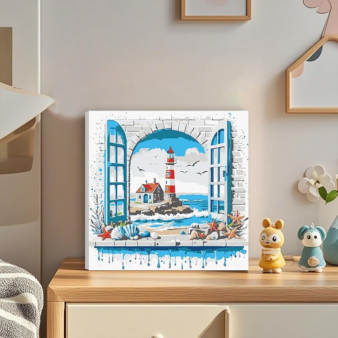 ICYANART Paint by Numbers for Adults Framed, Beach Number Painting 8x8In