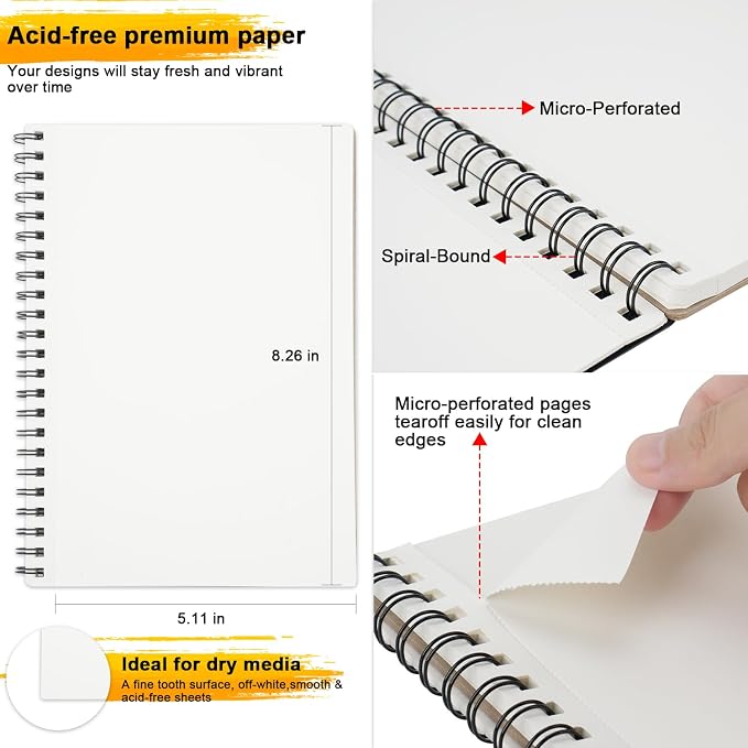 MEMX Poly Cover Sketch Book, 5.5”X8.5” 100 Pages (110gsm), Spiral Bound Artist Sketch Pad Notebook, Durable Acid Free Drawing Paper for Drawing, Writing, Painting, Sketching or Doodling, White