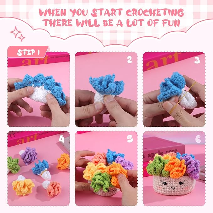 Hssugi Crochet Kit for Beginners 6PCS Potted Plant Coasters Crochet Kit | Crochet Starter Kit with Step-by-Step Video Tutorials, Crochet Hooks, Learn to Crochet Kits for Adult Beginners