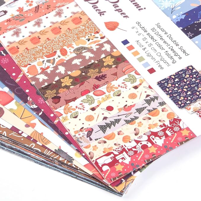 Origami Paper 50 Sheets, 6-Inch Square Double Sided Colored Craft Paper | 70GSM colorful paper,50 Vivid Pattern Origami Kit,DIY Hand Crafts,Arts Creativity,Easy to Fold,No-Fading.Winter