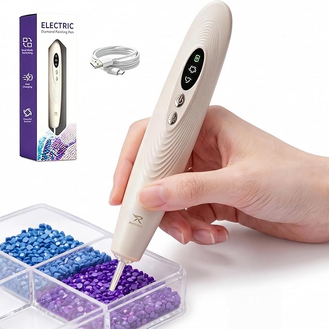 RHYNIC Electric Diamond Art Pens with Light, Diamond Art Kits for Adults, Wireless & Rechargeable Diamond Painting Pen, 2 Suction Levels, Ergonomic Grip, Quiet Diamond Painting Accessories and Tools