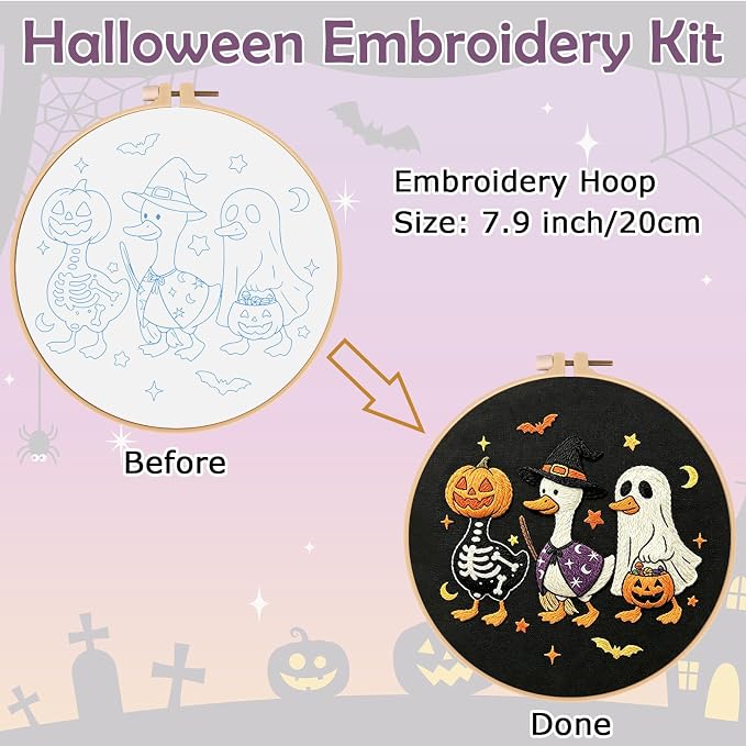 Nuberlic Halloween Embroidery Kit for Beginners Adults DIY Needlepoint | Complete Halloween Embroidery Kit With Cute Ghost, Pumpkin And Duck Design For Handmade Decor, Relaxing Needlework And Gifts.