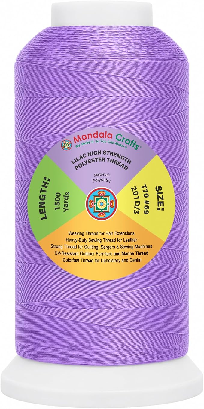 Mandala Crafts Lilac Tex 70 Polyester Heavy Duty Thread for Upholstery | 1500 Yds T70 UV Resistant Strong Thread for Leather Sewing, Marine, Drapery, Jeans, Hair Weaving & Extension, Outdoor
