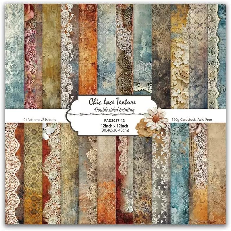 Vintage Lace Pattern Scrapbook Paper Pad 12×12,24 Sheets Double-Sided Coffee Floral Scrapbooking CardStock Paper Pad for Holiday Cardmaking DIY Junk Journal Origami Papers.