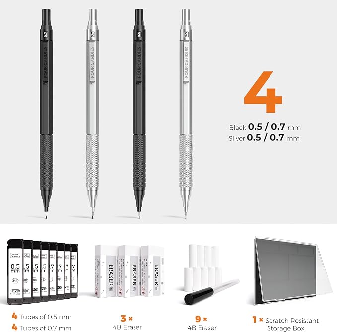4PCS Metal Mechanical Pencil Set, 0.5mm+0.7mm, Storage Case, Black＆Silver