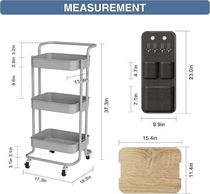 DTK 3-Tier Rolling Cart with Table Top, Metal Utility Cart with Side Bags