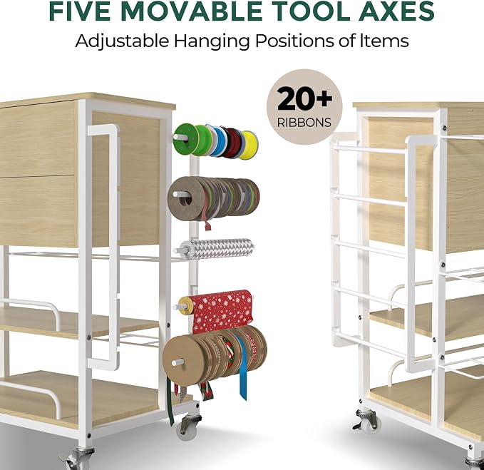 Wrapping Paper Storage & Organizer, Craft Cart with Ribbon & Gift Bag Storage, Wrapping Paper Organizer Holder(2 Wooden Drawers-Oak)