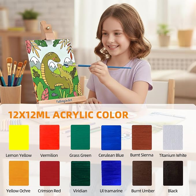 Falling in Art Kids Tabletop Easel Set, Portable Art Easel Painting Kits | 52 Pcs Wooden Easel for Painting Canvases, Including 12 Colors Acrylic Paints, 10 Paintbrushes and 4 Canvas Panels, Yellow
