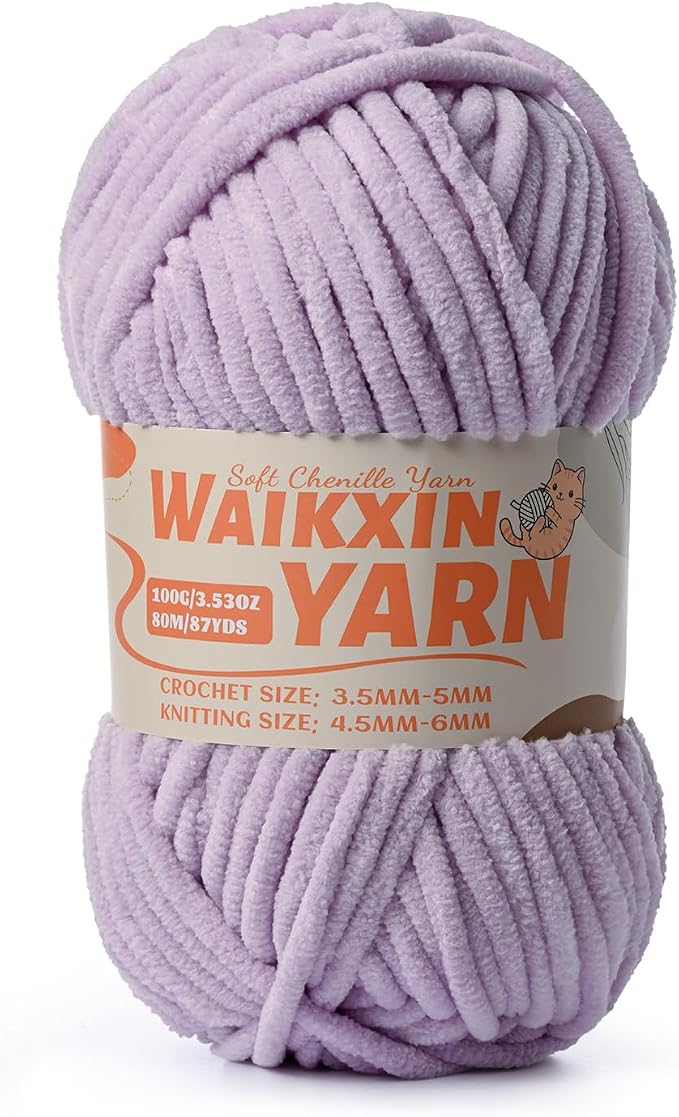 （Light Purple） Super Soft Fuzzy Chenille Chunky Yarn for Crocheting, 100g (87yds) Fluffy Velvet Yarn for Hand Knitting Baby Blankets Weaving Craft