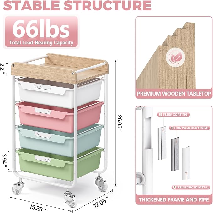 SYKIARIOL Rolling Craft Storage Cart with 4 Drawers,Kid Craft Cart,Colorful | Utility Cart with Drawers,Art Craft Organizers and Storage,Kids Art Cart With DIY Lable and Wooden Tabletop Area