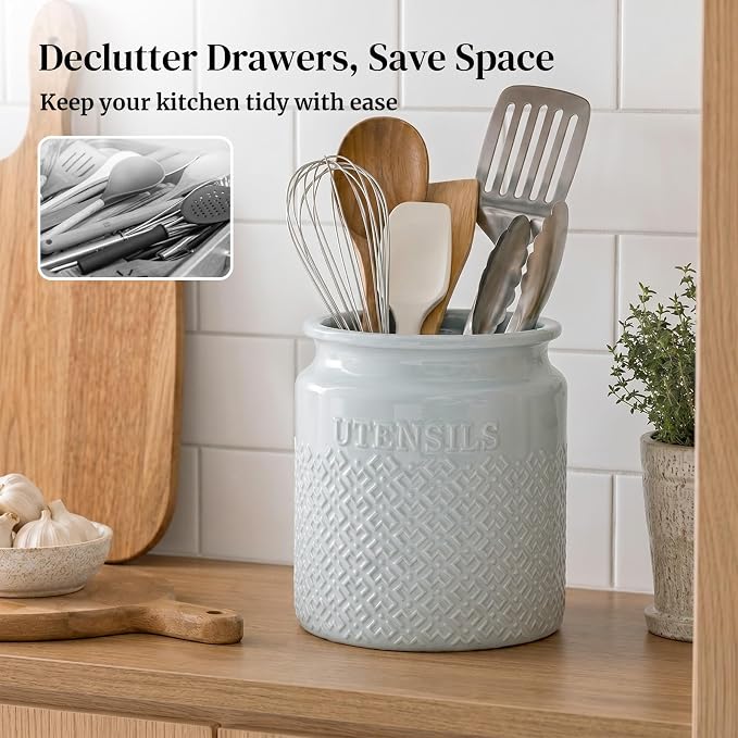 DOWAN 7.2" Large Ceramic Utensil Holder for Kitchen Countertop, Light Blue