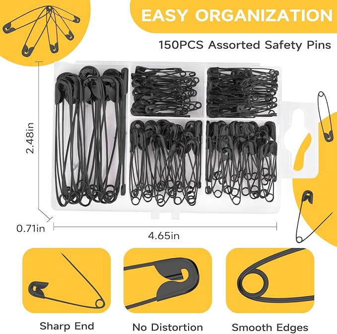 Huhuhero 160PCS Black Safety Pins for Clothes, 5 Assorted Sizes Pin Bulk
