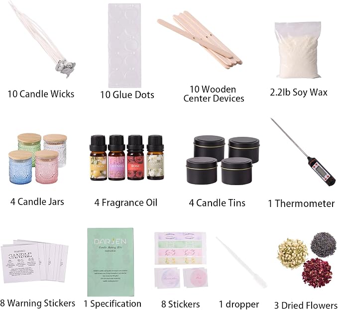 DARJEN Candle Making Kit for Beginners, 2 Jars Soy Wax Scented DIY Set | 100% Soy Wax, 10oz Glass Jars, 4oz Tins, Cotton Wicks, Pleasant Scents, Instruction& More- Perfect as Home Decorations