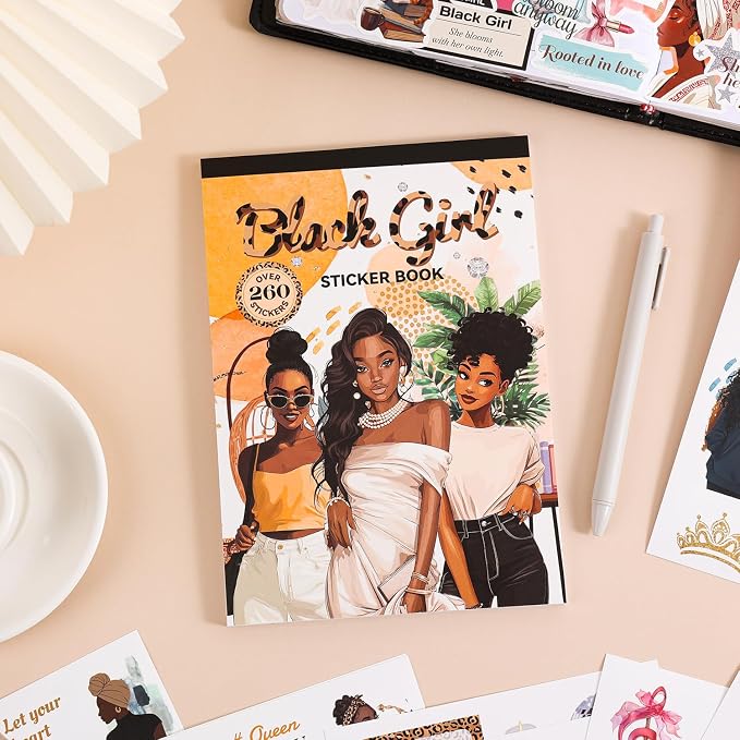 Black Girl Decal Sticker Book for Water Bottle: 260+ WaterProof Vinyl Motivational Stickers for Black Teen Girls & Women, 24 Pages for Journaling, Scrapbooking, Laptop, Self-Care & Inspirational Decor