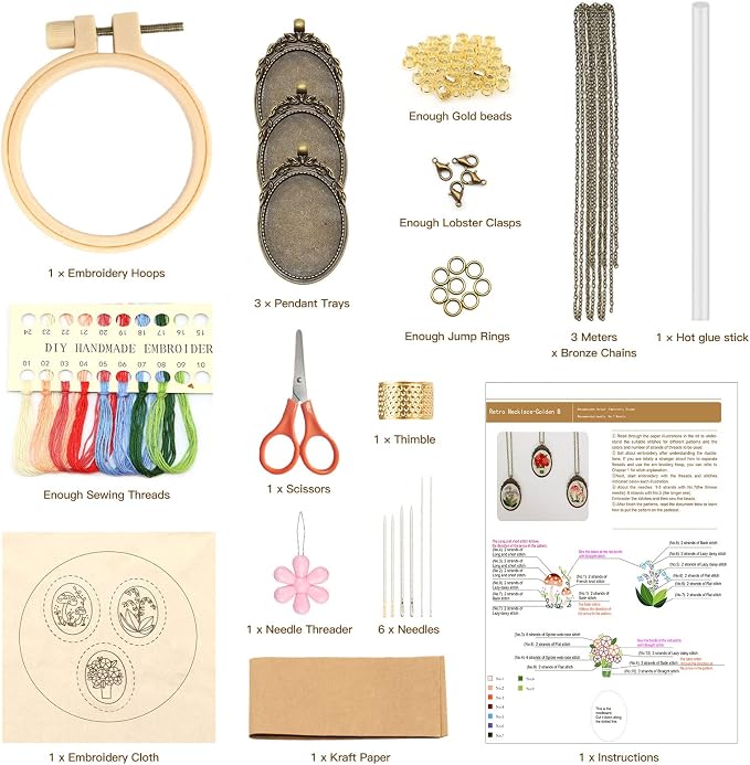 ZOCONE 3 Packs Embroidery Necklace Kit, Embroidery Pendant Kits Mini Cross Stitch Kit with Hoop, Necklace, Pendant, Beads, Stamped Pattern Cloth, Instructions, etc., Embroidery Kits for Adults