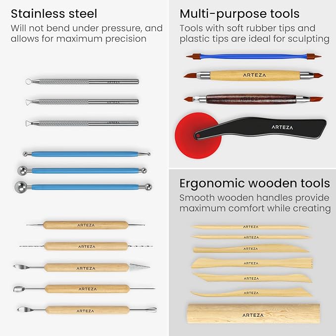 ARTEZA Pottery and Sculpting Tools, 22-Piece Set for Modeling and Carving | Steel and Silicone Ends, Wooden Handles, Wheel Cutter, Rolling Pin, Stylus and Ribbon Tools, For Wet Clay and Ceramics