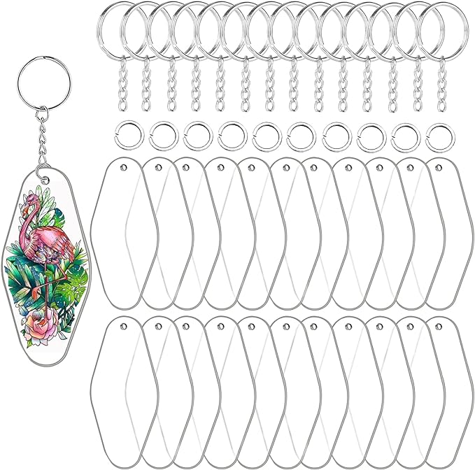 90pcs Acrylic Blanks Key Tags Kit, Including 30 pcs Motel Hotel Shape Retro Acrylic Board, 30 Keychain Rings and 30pcs Jump Rings for Cricut Crafting Vinyl Ornament Blanks DIY Keychain Making