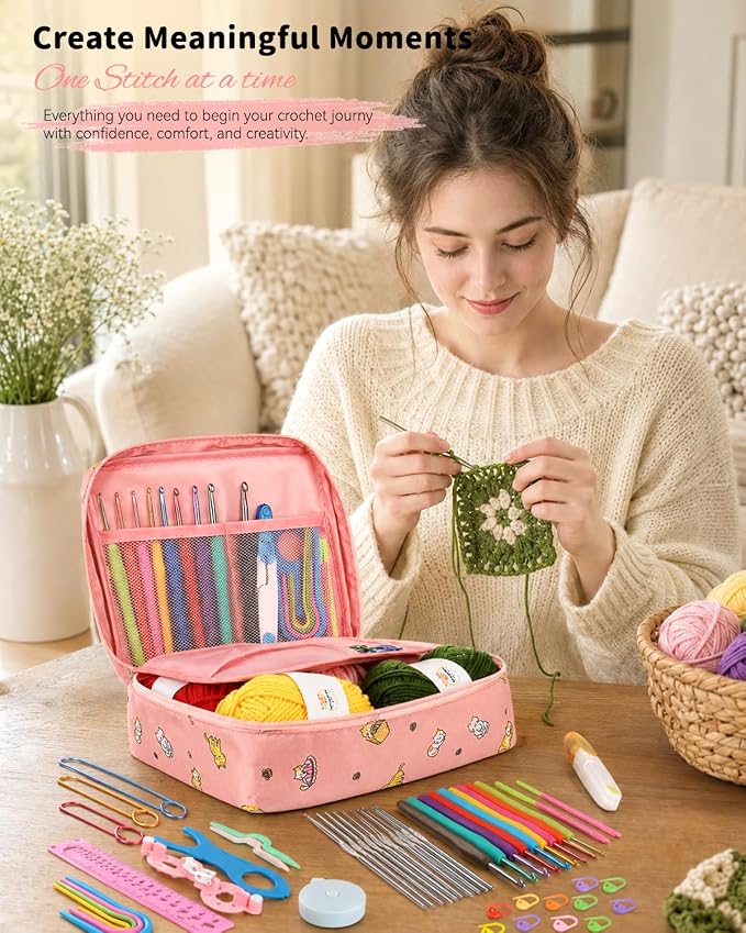 Aeelike Crochet Kit for Beginners- Ideal DIY Craft Gift for Women, Pink | Crochet Starter Kits with Yarn, Ergonomic Hooks & Storage Case, Learn-to-Crochet Set for Adults, Kids & Seniors