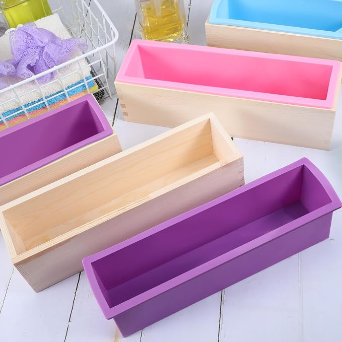 Ziliny 3 Pcs 42oz Soap Loaf Mold Flexible Silicone Mold, Purple, Pink, Blue | Rectangular, Wood Box Tray, Making Supplies for Homemade Craft DIY Tool