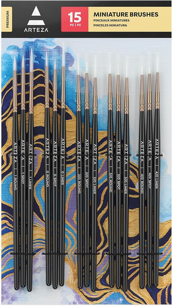 ARTEZA Detail Paint Brushes, Set of 15, Miniature Paint Brush Set with Spot, Round and Liner Tips, Fine Tip Paint Brushes for Acrylic Painting, Watercolor, Models, Crafts and Canvas