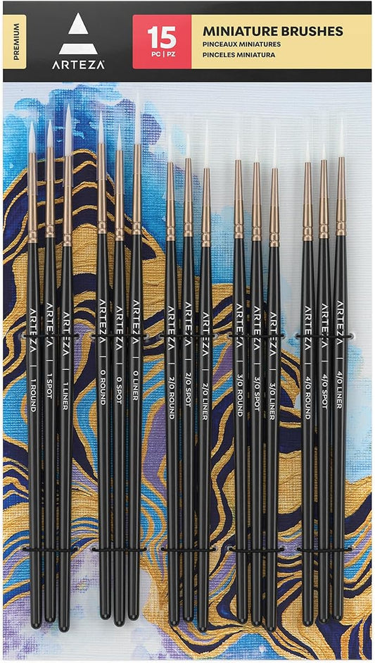 ARTEZA Detail Paint Brushes, Set of 15, Miniature Paint Brush Set with Spot, Round and Liner Tips, Fine Tip Paint Brushes for Acrylic Painting, Watercolor, Models, Crafts and Canvas