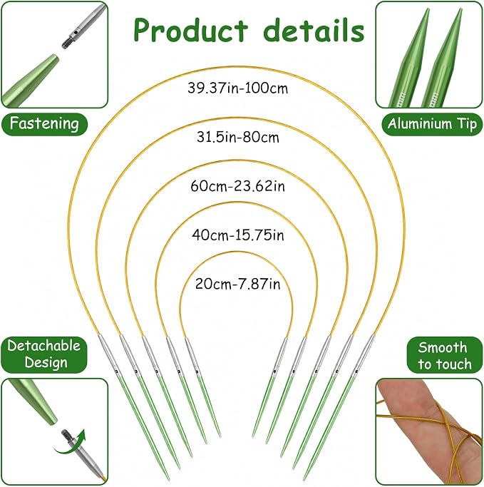 BeesMith 4-inch Circular Knitting Needle Set, 13 Pairs of Interchangeable Aluminum Knitting Needles 3mm-10mm with 5 Cables, Accessories & Green Case. Suitable for Various Smooth Knitting Projects