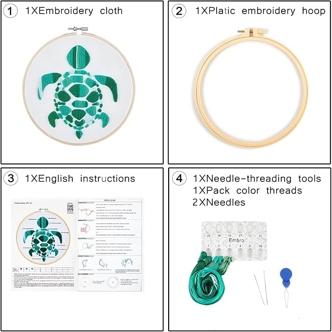 Sea Turtle Embroidery Kits for Beginners Adults, Hand DIY Embroidery Starter Kit, Stamped Cross Stitch Kits for Beginners Adult Craft Kits for Women, Entire Set of Embroidery Supplies & Video Tutorial