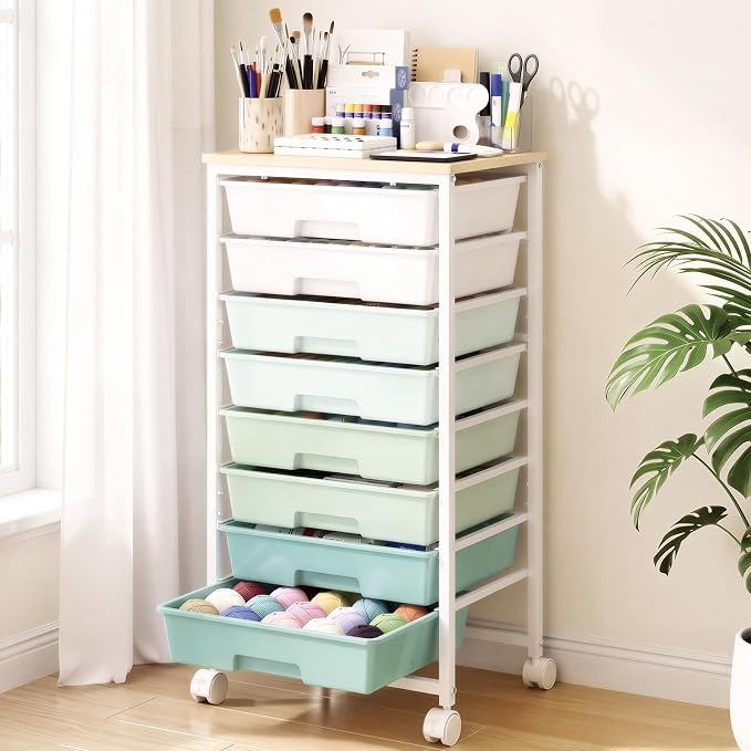 Delamu Rolling Storage Cart with 8 Drawers, Utility Craft Storage Cart | Storage Drawers Cart with Wooden Tabletop and Lockable Casters for Classroom Office Dorm Craft Art Supplie, Green