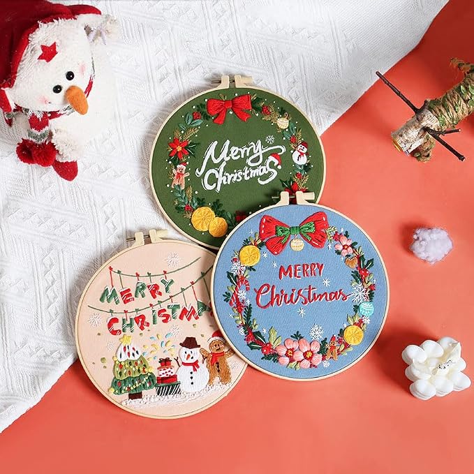 Konrisa Embroidery Kits Merry Christmas Pattern Embroidery Starter Kits for Adults Beginner DIY Sewing Needlepoint Cross Stitch Practice Kit Christmas Home Decoration Handmade Gifts