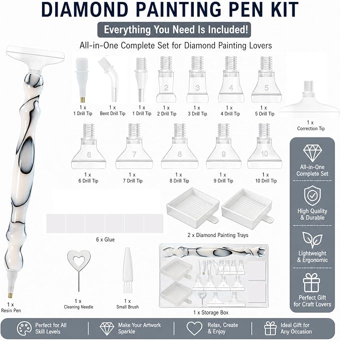 ZYNYXY 25PCS Ergonomic Diamond Art Pens Kits, Resin Diamond Painting Pen with Multifunctional Plastic Screw Thread Tips for 5D Diamond Painting (Black Stripe White)