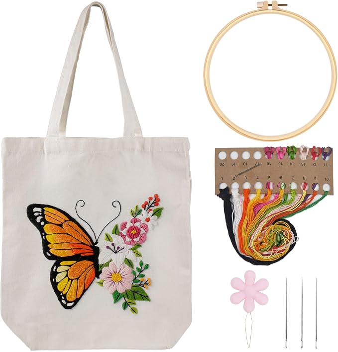 Louise Maelys Embroidery Kit Canvas Tote Bag for Beginners with Butterfly