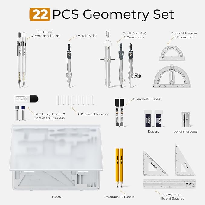 Nicpro 22 PCS Compass Geometry Tools with Case, Drafting Tool Geometry Set | With Swing Arm Protractor, Rulers, Metal Compass, Square Set, Mechanical Pencil, Back to School Supplies for Students