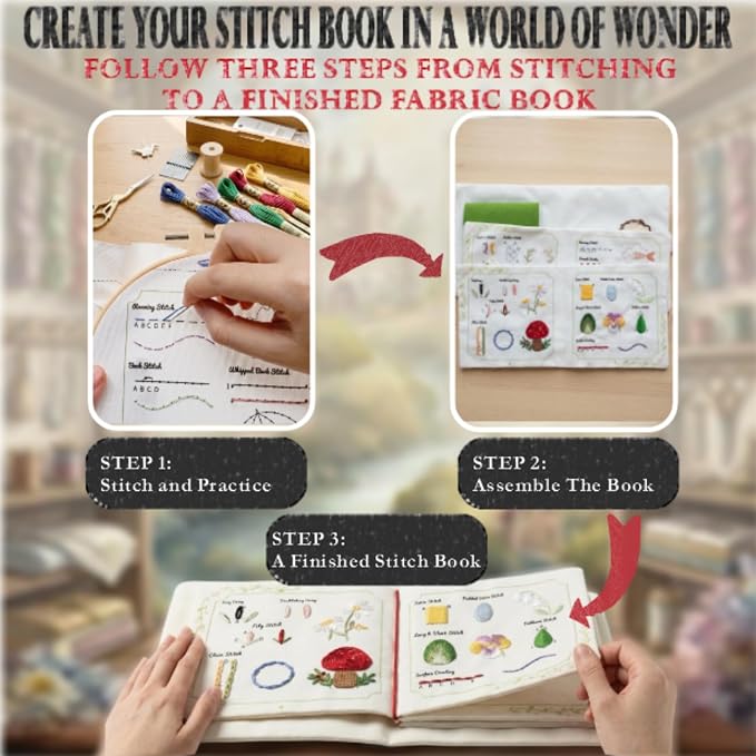 TenDawn Embroidery Stitch Book Kit for Beginners, 32 Essential Stitches | Structured Learning Order for Adults, DIY Sewing Kit with Floral Motifs, Practice Patterns