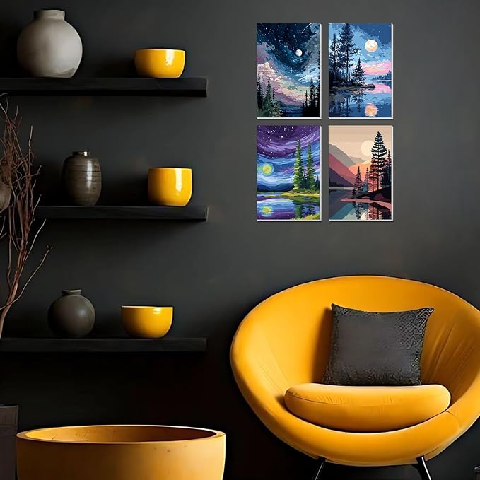 4 Pack Framed Paint By Numbers Kit for Adults Beginner Starry Night Adult Paint By Number Kits on Canvas Landscape Painting By Numbers for Adults with Frame Diy Painting Kits for Home Wall Art 8x12 In