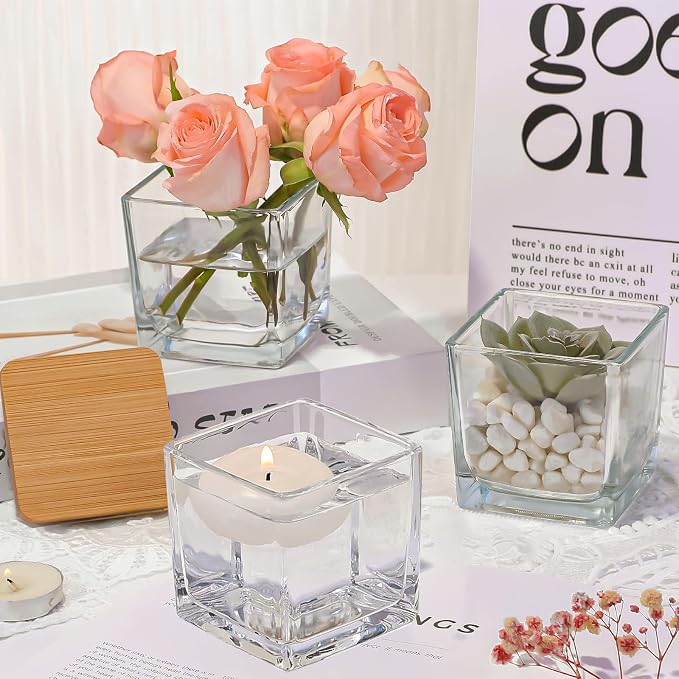 CONNOO 12 Pack 9oz Clear Glass Square Candle Jars with Bamboo Lids