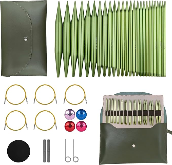 4-inch Knitting Needles Set, 13 Pairs Interchangeable Circular Knitting Needles Set Aluminum 3-10mm with 5 Cables, Knitting Accessories and Case, Green