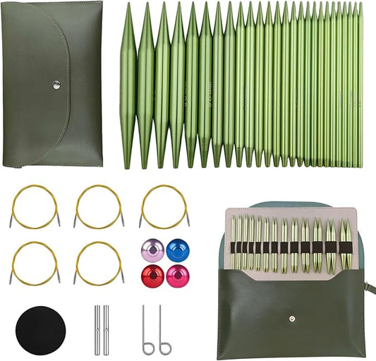 4-inch Knitting Needles Set, 13 Pairs Interchangeable Circular Knitting Needles Set Aluminum 3-10mm with 5 Cables, Knitting Accessories and Case, Green